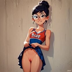 1girl ai_generated breasts carmen_sandiego_(2019) carmen_sandiego_(franchise) cheerleader cheerleader_costume cheerleader_outfit cheerleader_uniform clothes_lift exposed_pussy female female_focus female_only flashing flashing_at_viewer glasses julia_argent julia_argent_(carmen_sandiego) looking_at_viewer miniskirt no_panties open_clothes presenting presenting_pussy pussy short_hair skirt skirt_lift sleeveless sleeveless_shirt sleeveless_top solo solo_female solo_focus zupern0va_(manipper)