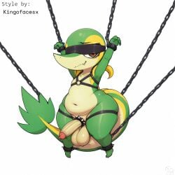 1:1 accessory ai_generated anthro balls blindfold bondage bondage bound chains cock_ring cuff_(restraint) erection foreskin generation_5_pokemon genitals green_body harness hellsonger hi_res humanoid_genitalia humanoid_penis leather_harness male navel nintendo nude partially_retracted_foreskin penis penis_accessory penis_jewelry pokemon pokemon_(species) reptile restraints scalie shackles simple_background slightly_chubby snivy solo submissive submissive_male suspension thick_thighs white_background