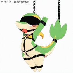 1:1 accessory ai_generated anthro ball_gag blush bondage bondage bound chains cuff_(restraint) female gag gagged generation_5_pokemon green_body harness hellsonger hi_res nintendo pokemon pokemon_(species) red_eyes reptile restraints scalie shackles simple_background snivy solo submissive tail_cuff white_background wrist_cuffs