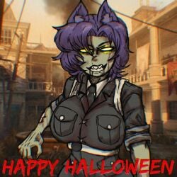 big_breasts catgirl clawed_fingers exposed_bone green_body infected purple_hair sharp_teeth undead undead_female yellow_eyes zombie zombie_apocalypse zombie_girl