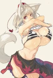 animal_ears bikini breasts clothes_lift female highres huge_breasts long_hair momiji_inubashiri muneneko red_eyes ribbed_sweater simple_background solo striped striped_bikini striped_swimsuit sweater sweater_lift sweater_vest swimsuit tail touhou white_hair wolf_ears wolf_tail