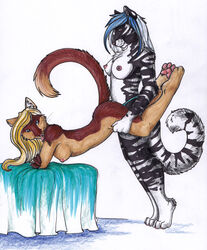 anthro blonde_hair breasts dildo duo feline female foxene hair mammal nipples nude sex sex_toy side_view simple_background strapon tiger tongue wheelbarrow_position white_background yuri