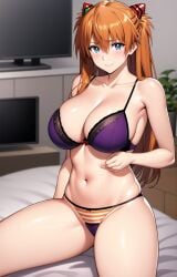 1girl ai-created ai_generated asuka_langley_sohryu bangs bare_shoulders bed big_breasts blue_eyes blush bow_panties bra breasts brown_hair clavicle cleavage closed_mouth clothing female female_only hair_between_eyes hair_ornament headgear indoors interface_headset lace-trimmed_bra lace_trim large_breasts long_hair looking_at_viewer navel neon_genesis_evangelion on_bed orange_hair pantsu purple_bra purple_panties rena_aikawa_(pixiv_user) shiny sitting smile solo solo_female stable_diffusion stomach string_panties striped striped_panties tagme television thighs two_side_up underwear underwear_only very_long_hair window