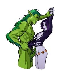 arms_above_head beast_boy black_hair breasts breasts_out dc dc_comics exposed_breasts exposed_nipples garfield_logan green_skin hairy hairy_male imminent_sex minko rachel_roth raven_(dc) ripped_clothing teen_titans