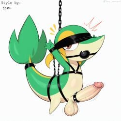 1:1 accessory ai_generated anthro ball_gag balls big_penis blindfold blush bondage bondage bound chains cock_ring cuff_(restraint) erection feral gag gagged generation_5_pokemon genitals harness hellsonger hi_res humanoid_genitalia humanoid_penis jewelry male nintendo penis penis_accessory penis_jewelry pokemon pokemon_(species) reptile scalie simple_background snivy solo submissive submissive_male white_background