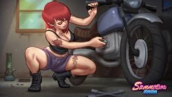 1girl 2025 2d 2d_(artwork) bike bra clothed clothing darkcookie digital_drawing_(artwork) female female_focus female_only grace_(summertime_saga) hi_res highres jean_shorts light-skinned_female light_skin pinup red_hair shorts squat squatting squatting_position summertime_saga tank_top tattoo tattoos wallpaper watermark