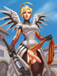 1futa balls big_breasts blizzard_entertainment blonde_hair bodysuit breasts erection futa_only futanari fxnative hair intersex large_breasts looking_at_viewer mercy overwatch penis solo testicles wings