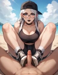 ai ai_generated allouette_(subboy01) beach black_lipstick black_nails blue_eyes clothed_female_nude_male footjob glasses lipstick looking_at_viewer nail_polish original original_character pov shoejob shorts subboy01 tank_top thick_thighs thighs white_hair