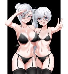 2girls big_breasts black_bikini black_lingerie blue_eyes breasts female female_only glasses large_breasts lgc_cat lingerie long_ponytail multiple_girls ponytail rwby sisters small_breasts standing weiss_schnee white_hair winter_schnee