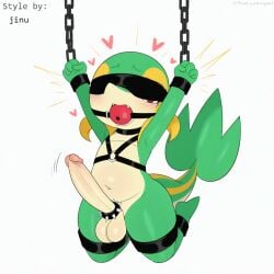 1:1 ai_generated anthro ball_gag balls blush bondage bondage bound chains cock_ring erection gag gagged generation_5_pokemon genitals green_body harness heart hellsonger hi_res humanoid_genitalia humanoid_penis jewelry male nintendo penis penis_accessory penis_jewelry pokemon pokemon_(species) reptile scalie simple_background snivy solo submissive submissive_male white_background