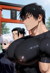 3boys abs ai_art ai_generated bara bara_tits biceps big_pecs big_pectorals black_hair black_hair_male cwhk deltoids gay gay_male girl_staring_at_guy's_chest huge_pecs huge_pectorals jujutsu_kaisen large_pecs large_pectorals light-skinned_male light_skin light_skinned_male male_only man_boobs man_tits meme multiple_boys multiple_males muscular muscular_male nipple_bulge nipples nipples_visible_through_clothing pecs pecs_bigger_than_head pectorals satoru_gojo staring staring_at_chest staring_at_pecs suguru_geto tight_clothes tight_clothing tight_shirt toji_fushiguro trapezius triceps