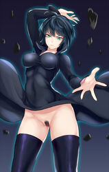 black_hair black_legwear covered_navel dress dress_lift female fubuki_(one-punch_man) glowing green_eyes highres impossible_clothes impossible_dress jirusu looking_at_viewer no_panties one-punch_man pubic_hair pussy rock short_hair solo thighhighs