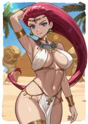 blue_eyes breasts desert egyptian jessie_(pokemon) jewelry large_breasts long_hair looking_at_viewer pokemon red_hair redjet shiny_skin smile wide_hips