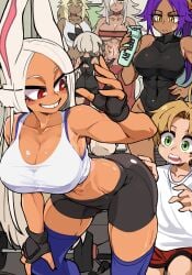 1boy 5girls abs bea_(pokemon) bleach boku_no_hero_academia bongfillstudent dark-skinned_female dumbbell dumptruck_ass fat_ass fat_breasts fox_girl ghislaine_dedoldia guilty_gear_xrd gym gym_uniform large_breasts miruko muscular_female mushoku_tensei my_hero_academia pokemon_swsh ramlethal_valentine rudeus_greyrat shihouin_yoruichi six_pack sweatdrop taller_female workout workout_clothes yoga_pants