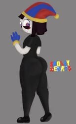 1girl 2024 2025 2d 2d_(artwork) black_pants black_shirt black_shoes black_uniform clown clown_girl employee_uniform fast_food fast_food_employee fast_food_uniform female glitch_productions grey_background huge_ass jpeg looking_back nervous pants pomni pomni_(spudsy's) pomni_(tadc) pomni_(the_amazing_digital_circus) shirt shoes short_hair skullyhearts solo solo_female tagme the_amazing_digital_circus tight_clothing uniform white_skin white_skinned_female