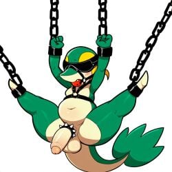 1:1 ai_generated anthro ball_gag balls belly blindfold blush bondage bondage bound chains clothing cock_ring cuff_(restraint) erection feet foreskin gag gagged generation_5_pokemon genitals glans green_body harness hellsonger hi_res humanoid_genitalia humanoid_penis jewelry male navel nintendo penis penis_accessory penis_jewelry pokemon pokemon_(species) reptile scalie simple_background slightly_chubby snivy solo spikes spread_legs spreading submissive submissive_male suspension white_background