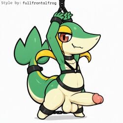 1:1 ai_generated anthro balls big_balls big_penis bondage bondage bound chained chains collar cuff_(restraint) cute_fangs erection foreskin generation_5_pokemon genitals harness hellsonger hi_res humanoid_genitalia humanoid_penis jewelry looking_at_viewer male navel nintendo penis penis_accessory pokemon pokemon_(species) red_eyes reptile restraints scalie shackles simple_background smile snivy solo submissive tail_bondage white_background