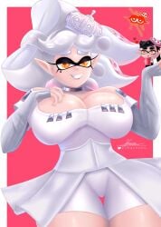 artist_name breasts callie_(splatoon) cleavage crown el_macho_20 grand_festival_(splatfest) inkling inkling_girl large_breasts looking_at_viewer marie_(grand_festival) marie_(splatoon) mole mole_under_eye nintendo pointy_ears splatfest splatoon splatoon_3 squid_sisters tentacle_hair thick_thighs white_hair