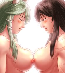 2girls black_hair blush breast_press breasts brown_eyes ex-keine facial_scar green_hair horns keine_kamishirasawa large_breasts lips long_hair m.u.g.e.n multiple_girls nipples nose nude original red_eyes scar sendai_hakurei_no_miko symmetrical_docking taikyokuturugi touhou