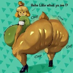 1girl adawndraws animal_crossing big_ass big_breasts big_hips big_thighs black_heels bottomless bottomless_female canine clapping_ass clapping_cheeks curvy curvy_body curvy_female curvy_figure curvy_hips dog_ears dog_girl dog_tail furry green_shirt heels huge_ass huge_breasts huge_hips huge_thighs isabelle_(animal_crossing) looking_back mob_face motion_outline nintendo red_cheeks short_hair simple_background smiling solo solo_female sweat sweaty sweaty_ass sweaty_butt text tied_hair twerk twerking voluptuous voluptuous_female yellow_body yellow_fur yellow_hair