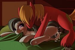 anal anal_sex balls bed big_macintosh_(mlp) bite blush breath closed_eyes cum cum_in_ass cum_inside duo female fetlocks friendship_is_magic gray_hair grey_fur hair male marble_pie mricantdraw my_little_pony non-anthro orange_hair penetration penis purple_eyes pussy red_fur sex straight