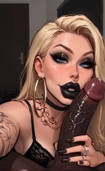 ai_generated big_penis bimbo bimbo_body bimbo_lips black_lips black_lipstick black_makeup blonde_female blonde_hair blonde_hair blonde_hair_female blue_eyes breasts dark_makeup dominant_female domination dommy_mommy goth goth_girl goth_makeup gothic gothic_girl handjob horny horny_female huge_cock huge_cock jewelry lips lipstick looking_at_viewer makeup mature_female mature_woman milf mischievous mischievous_look mommy mommy_dom mommy_kink penis_on_cheek penis_on_face piercing piercings pleasure_face puffy_lips seductive seductive_eyes seductive_mouth stable_diffusion tattoo tattoos whotlol