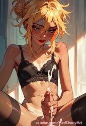 ai_generated bed bra crossdressing cum cumshot femboy handjob looking_down messy_hair redcherryart sissy sitting solo spread_legs stockings tan_body trap yellow_hair