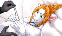 alleyri bed bed_sheet canide canine chains claws feline female fur hair happy husky interspecies mammal mgmr monochrome nipple_piercing nipples on_bed orange_hair paws piercing pink_and_white red_hair sharp_claws smile white_body white_claws white_fur yari