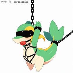 1:1 ai_generated anthro ball_gag blindfold blonde_hair blush bondage bondage bound chains collar cuff_(restraint) drooling female feral gag gagged generation_5_pokemon green_body hair hellsonger hi_res nintendo pokemon pokemon_(species) reptile restraints saliva scalie shackles simple_background snivy solo submissive submissive_female white_background