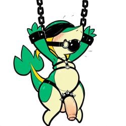 1:1 ai_generated anthro ball_gag balls belly big_penis blindfold blush bondage bondage bound chains cock_ring erection gag gagged generation_5_pokemon genitals green_body harness hellsonger hi_res humanoid_genitalia humanoid_penis jewelry leather_harness male nintendo penis penis_accessory penis_jewelry pokemon pokemon_(species) reptile scalie simple_background slightly_chubby snivy solo spikes submissive white_background