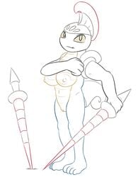 anthro areola armor arthropod breasts erect_nipples escavalier fangs female grey_eyes headgear helmet insectoid insects looking_at_viewer melee_weapon navel nintendo nipples nude pokemon polearm posexe pussy simple_background smile solo spear teeth video_games weapon white_background