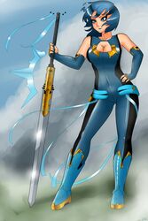 blue_eyes blue_hair cleavage clothed female fingerless_gloves full-length_portrait full_length io_(syntheticpotato) lipstick portrait short_hair solo solo_focus standing sword syntheticpotato weapon wide_hips