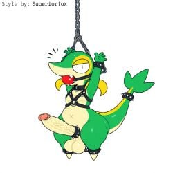 1:1 accessory ai_generated anthro ball_gag balls big_penis bondage bondage bound chains cock_ring collar cuff_(restraint) erection foreskin gag gagged generation_5_pokemon genitals green_body harness hellsonger hi_res humanoid_genitalia humanoid_penis jewelry male nintendo nude penis penis_accessory penis_jewelry pokemon pokemon_(species) reptile restraints scalie simple_background snivy solo spiked_bracelet spikes submissive submissive_male vein veiny_penis white_background