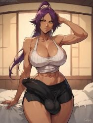 ai_generated bleach bulge_through_clothing dark-skinned_futanari futanari grapesss shihouin_yoruichi