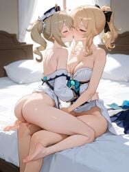 ai_generated ass ass_focus barbara_(genshin_impact) bare_arms bare_legs bare_shoulders bare_thighs barefoot bed bed_sheet big_breasts blonde_hair blue_eyes blush bottomless breasts brown_hair cleavage closed_eyes collarbone feet fingering_pussy genshin_impact gotsuura hair_ribbon hand_on_hip hat incest indoors jean_(genshin_impact) kissing lesbian_kiss off_shoulder ponytail pussy_juice_drip shiny_skin sisters sitting_on_lap small_breasts thighs toes tongue tongue_kiss tongue_out twintails unworn_skirt yuri