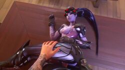 3d animated ass blizzard_entertainment blue_hair blue_skin bodysuit boots bouncing_breasts breasts bubble_butt ellowas female gif gloves hanzo headgear jiggle light-skinned_male male medium_breasts nipples on_side overwatch penis ponytail pov sex source_filmmaker tied_hair widowmaker