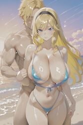 ai_generated beach big_ass big_breasts big_penis blonde_hair blue_eyes blush hairband league_of_legends lux_(league_of_legends) luxanna_crownguard short_hair slingshot_swimsuit stable_diffusion