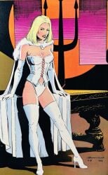 1girl 1girls blonde_hair blue_eyes classic_comic comic comic_cover corset emma_frost female female_focus female_only hellfire_club john_bolton marvel marvel_comics panties pinup pinup_pose solo thighhighs white_queen x-men