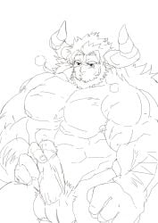 animal_ears balls bara beard boner cow_ears danbaechi draph erection facial_hair granblue_fantasy horns male male_only monochrome mugen_(granblue_fantasy) muscles muscular nude penis solo solo_male