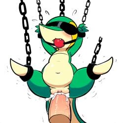 1:1 ai_generated anthro ball_gag blindfold blush bodily_fluids bondage bondage bound chains cum cum_in_pussy cum_inside disembodied_penis duo erection female female_focus female_penetrated feral gag gagged generation_5_pokemon genital_fluids genitals green_body hellsonger hi_res interspecies male male/female male_penetrating male_penetrating_female nintendo nude open_mouth penetration penile penile_penetration penis penis_in_pussy pokemon pokemon_(species) pussy reptile scalie sex simple_background snivy solo_focus spread_legs spreading suspension vaginal_penetration vaginal_penetration white_background