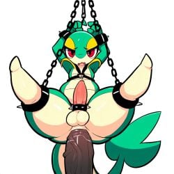 1:1 accessory ai_generated anal anal_sex anthro anus balls big_penis bondage bondage bound chains clothing cock_ring cuff_(restraint) disembodied_penis duo erection generation_5_pokemon genitals green_body harness hellsonger hi_res humanoid_genitalia humanoid_penis looking_at_viewer male male/male male_penetrated male_penetrating male_penetrating_male nintendo open_mouth penetration penis penis_accessory penis_jewelry pokemon pokemon_(species) red_eyes reptile restraints scalie sex shackles simple_background snivy solo_focus spread_legs spreading vein white_background