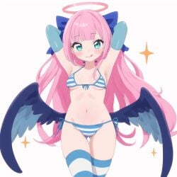 :q armpits arms_behind_head arms_up ass_visible_through_thighs bangs bikini black_wings blue_bikini blue_bow blue_gloves blue_thighhighs blush bow breasts elbow_gloves feathered_wings female gloves green_eyes groin hair_ribbon hairbow halo long_hair looking_at_viewer low_wings milnayavodka navel panty_&_stocking_with_garterbelt pink_hair ribbon self-upload side-tie_bikini_bottom simple_background skindentation small_breasts smile solo sparkle standing stocking_(psg) striped striped_bikini striped_thighhighs sweet_sugar_syndrome swimsuit thigh_gap thighhighs thighs tongue tongue_out very_long_hair white_background wings