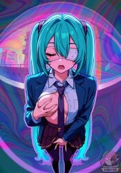 ai_generated apartment blue_hair breast_grab closed_eyes eyepatch fingering fisheye freckles hatsune_miku kurly435 long_hair masturbation moaning monitoring_(deco*27) open_clothes open_mouth peephole school_uniform solo twitter_logo