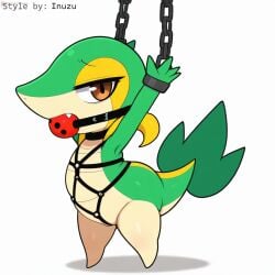 1:1 ai_generated anthro ball_gag bodily_fluids bondage bondage bound chains collar cuff_(restraint) female gag gagged generation_5_pokemon harness hellsonger hi_res looking_at_viewer nintendo pokemon pokemon_(species) reptile restraints scalie simple_background snivy solo submissive submissive_female white_background