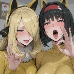 2_girls ai_generated big_breasts black_hair blonde_female blonde_hair bodysuit breasts cosplay covered_navel curvaceous curvy_body curvy_female curvy_figure cynthia_(pokemon) erika_(pokemon) eyelashes facing_viewer fake_animal_ears female_hypno fur_collar fur_trim hair_accessory hair_ornament hair_over_one_eye huge_breasts human hypno_(cosplay) lips long_hair mature mature_female open_mouth pokemon pokemon_(cosplay) pokemon_(species) pokemon_bdsp pokemon_dppt purple_eyes short_hair smile tongue tongue_out underdog454545