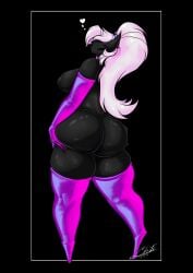 arm_length_gloves black_body closed_eyes gloves heart horns huge_ass huge_breasts leggings pink_hair shift_(shift) shift_nsfw thick_thighs