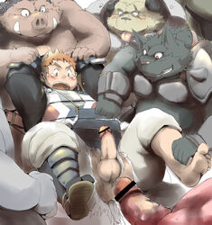 6+boys anthro anthro_on_human armor arms_above_head blush boar brown_eyes brown_hair canine censor_bar censored chubby clothing erect_penis feline fur gangbang gay gay_domination group group_sex hachirouta human imminent_anal imminent_rape imminent_sex kemono legs_held_open log log_horizon male male_only mammal mouth_open multiple_males pointless_censoring porcine precum restrained scar sex tears tohya_(log_horizon) tongue tongue_out torn_pants tusks wolf yaoi