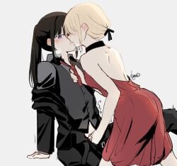 2girls absurdres after_kiss backless_dress backless_outfit bare_arms black_hair black_jacket black_pants black_vest blonde_hair blush breath clothes_grab collared_shirt commentary_request dress ear_blush fingering grey_shirt hair_up highres inoue_takina jacket kage_ochi long_hair long_sleeves lycoris_recoil multiple_girls necktie necktie_grab neckwear_grab nishikigi_chisato open_fly pants ponytail purple_background purple_eyes red_dress red_necktie saliva saliva_trail shirt simple_background sitting sleeveless sleeveless_dress spread_legs vest waistcoat yuri