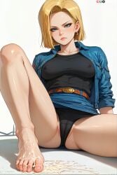 1girl ai_generated android_18 arzagod breasts covered_nipples cum dragon_ball feet feet_fetish feet_focus hard_nipples mature_female milf panties sexy solo tagme undershirt underwear