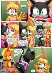 1boy 2girls anthro antoine_d'coolette anus ass balls bbmbbf blush bunnie_rabbot comic ebony_the_cat erection female how_many_times_per_day_(comic) male male/female mobius_unleashed palcomix penis sega sonic_(series) sonic_the_hedgehog_(series)